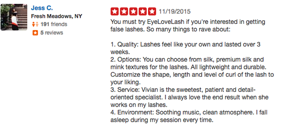 Real Customer Testimonial Best Eyelash Salon NYC
